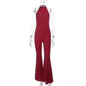 <span class=keywords><strong>Combinaison</strong></span> longue décontractée pour femme, sexy, à col halter, dos nu, brillante, élégante pour mariage, vente en gros - Product Image 3