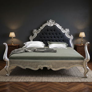 Cama Diván de Lujo Estilo Francés, Tamaño Queen, Madera de Caoba Sólida, Tapizada en Terciopelo, Acabado Plateado, para Dormitorio - Product Image 2