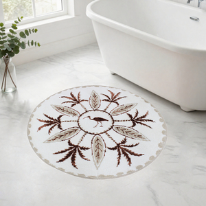 Alfombra de Baño y Ducha de Lujo Flamingo, Color Crudo/Beige/Rosa, de Algodón Reciclado con Patrón Abstracto Jacquard, OEM, 120x120cm, Hecho en Turquía - Product Image 1