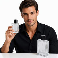 Flacon de parfum en verre borosilicate transparent plat de 50 ml avec bouchon à vis, décalcomanie, atomiseur réutilisable, couleur personnalisée, longue durée