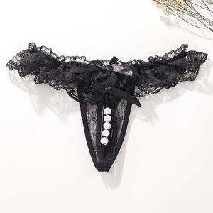 Culotte string sexy en dentelle pour femmes, noire, transparente, à entrejambe ouvert, lingerie insérable. - Product Image 5