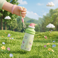 Botol minum termos anak 600ml motif Santa Claus lucu, terbuat dari stainless steel, berinsulasi, dengan tali pegangan portabel untuk anak sekolah