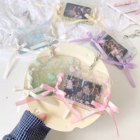 Porte-cartes photo horizontal transparent de 3 pouces, pendentif carte aile d'ange Kawaii avec nœud en ruban DIY, breloque de sac pour Kpop et carte d'identité étudiante