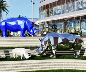 Oro moderno centro commerciale decorazione in acciaio inox rinoceronte scultura animale grande statua di rinoceronte