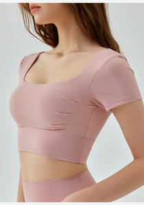 Wholesale Women's Square Neck Cut Out Back Yoga Crop Top Built-in <b>Bra</b> Short Sleeve Workout T Shirt Slim Fit Pilates Activewear - Product Image 6