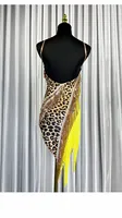 Vestido de Baile Latino con Estampado de Leopardo para Mujer, con Flecos y Pedrería, Traje de Actuación, Vestido de Competición de Baile de Salón