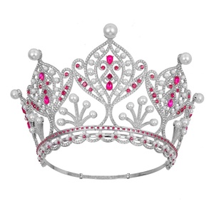 Diadema di perle di cristallo di lusso grande corona regolabile in lega completa rotonda alla moda accessorio per capelli corona di diadema - Product Image 1