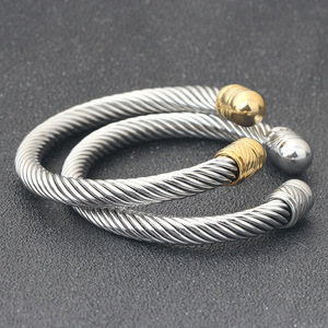 Bracelet manchette en acier inoxydable, câble de 7 mm, ouverture réglable, bijou unisexe, cadeau, design rond, couleur or acier - Product Image 3