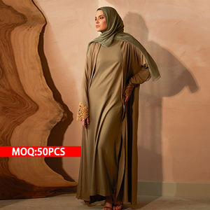 カスタムカラーオープン無地長袖ローブレースカフツーピースセットEidモロッコドバイ高級ガルフ2024アバヤ女性イスラム教徒のドレス - Product Image 1