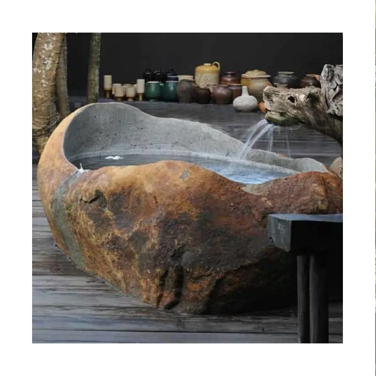 Bañera de piedra de granito, redonda, tallada a mano, antigua, para uso en exteriores