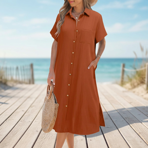 Cotton Bamboo Fiber Solid Color Turn Down Collar Short Sleeve Button Front <b>Loose</b> Midi Shirt <b>Dress</b> With Pockets Casual Summer - Product Image 4