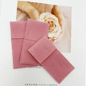 Bolsa de terciopelo rosa con logotipo personalizado impreso, embalaje de joyería, terciopelo con solapa
