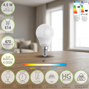 Lampadina LED Sferica E14 a Vite, 4,5 Watt. Equivalente a 35 Watt. 470 Lumen. Bianco Neutro (4000K) - Product Image 2