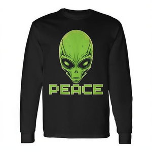 Maglietta a maniche lunghe Alien Head Peace con stampa nera e verde, maglietta promozionale - Product Image 2
