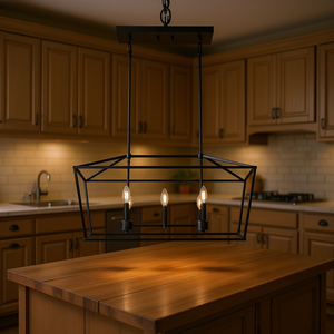 Lámpara Colgante de Hierro Negro Mate de 5 Luces, Forma Rectangular, Base E12, Iluminación para Isla de Cocina - Product Image 2