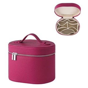 Round PU Leather <b>Makeup</b> Case Portable Travel Cosmetic Bag with Handle Multi Compartment Zipper Toiletry Organizer Storage <b>Box</b> - Product Image 1