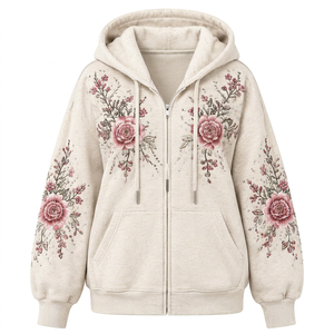 Sudadera con Capucha para Mujer, Beige, con Bordado Floral, Mezcla de Algodón, Tejido de Punto, Cierre de Cremallera, Bolsillos, Chaqueta Informal para Invierno/Primavera, Logotipo Frontal - Product Image 1