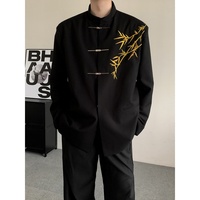 Veste Tang pour homme à col montant, brodée en bambou, style chinois rétro, avec boutons grenouille métalliques, veste décontractée