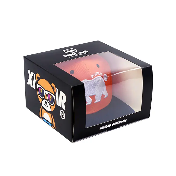 Benutzer definierte Logo Snapcap Box, billige Baseball Hut Papier Mailer Box mit Papiertüte, Kopf bedeckung Geschenk box Verpackung mit PVC Clear Window