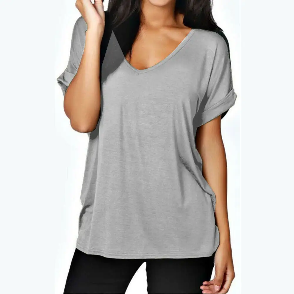 Casual Tops Tee for Women breathable Solid Loose Fit Blouse V Neck Short Sleeve Tunic T-Shirt with private labeling and printing