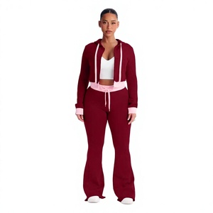 Conjunto de Dos Piezas con Capucha Color Granate para Mujer, Ropa Deportiva Informal de Punto, Corte Holgado, Pantalones Largos de Color Sólido con Ribete Rosa para Todas las Temporadas - Product Image 1