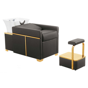 Cama de Lavado Semi-Reclinable de Alta Gama para Salón, con Lavabo de Cerámica, Tapicería de Cuero, Espacio de Almacenamiento y Diseño Personalizable para Barberías - Product Image 1
