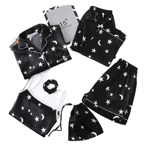 Ensemble de pyjama en satin 7 pièces pour femme, manches longues, imprimé lune et étoiles, débardeur, short, taille élastique, luxe, été, respirant - Product Image 1