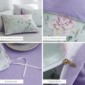 Housse de couette respirante vert sauge et violet Floral 3 pièces ensemble de literie en microfibre à armure toile <span class=keywords><strong>imprimée</strong></span> douce avec 2 taies d'oreiller - Product Image 6