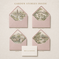 Invitation de mariage vintage pour jardin, carte personnalisée paysage gaufré, enveloppe florale gaufrée rose pâle pour événement de mariage