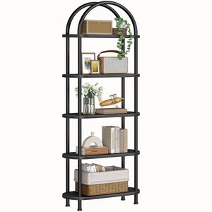 HOOBRO 5-Tier <b>Open</b> Industrial Arched Wooden <b>Bookshelf</b> Metal Frame Multifunctional Non-Folding Tall Storage Rack for Living Room - Product Image 1