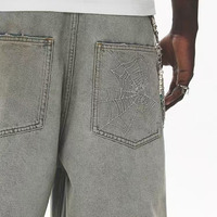 Shorts de Mezclilla de Verano con Bordado de Telaraña y Perlas Blancas - 100% Algodón, Lavado Desgastado, Estilo Vintage - Detalle de Botones - Tejido