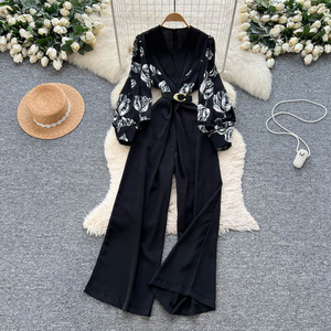 <span class=keywords><strong>Tuta</strong></span> a tunica con scollo a V autunnale <span class=keywords><strong>elegante</strong></span> da donna a manica lunga a vita alta con stampa Patchwork di <span class=keywords><strong>pizzo</strong></span> all'ingrosso - Product Image 3