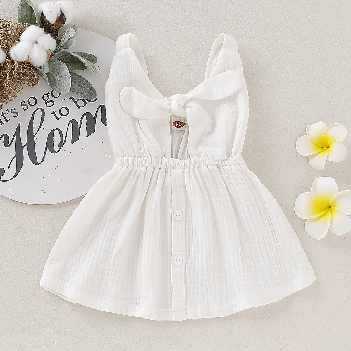 לבן קמטים בד תינוק בגדי ילדה חצאית תינוקת לא שרוול שמלת רגיל צבע לפרוע תינוק כותנה שמלה