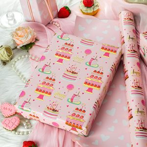 <b>Pink</b> Birthday Gift <b>Wrap</b> Roll 17x33 Feet Metallic Foil Cartoon Cakes Happy Birthday Design For Girls Party Craft Use - Product Image 4