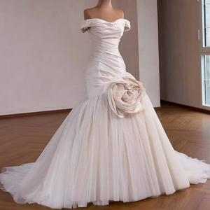 Rsm261040 Elegante Vestido de Novia Sirena con Escote Corazón, Espalda con Cordones, Fruncido y Flores 3D Jancemebr - Product Image 3