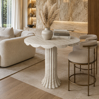 Table Bistro Moderne en Travertin Bio avec Plateau Colonne Cannelée, Style Japandi, pour Coin Café, Décoration de Villa, Meuble de Salon