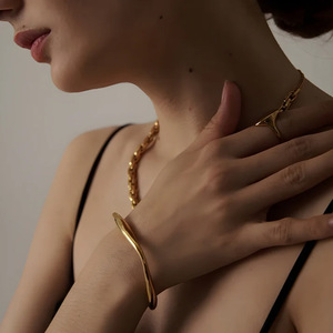 Women's HR 14K Gold Plated Stainless Steel Cuff Bracelet Irregular Classic Bangle Design for Gift - Product Image 3