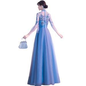 Blue Gray Long Evening Dress High Neck Empire Waist Polyester Fiber Party Wedding Banquet Dress - Product Image 5