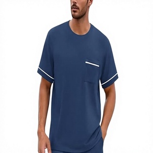 Ensemble short 2 pièces unisexe bleu marine, t-shirt col rond avec poche, coupe classique, décontracté, en coton tricoté extensible pour l'été - Product Image 5