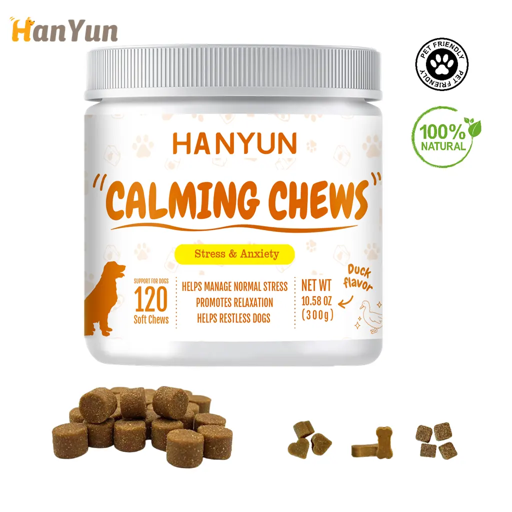 Hanyun Private Label Dog Calming Chews Natürliche Nahrungs ergänzungs mittel für Haustiere Beruhigende Leckereien für Hunde Hilfe mit Trennung Bellen Stress abbau