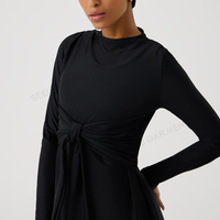 Burkini personnalisé à marque privée pour femmes, maillot de bain musulman modeste, tunique de bain noire à nœud sur le devant et manches longues avec pantalon, commande en gros OEM