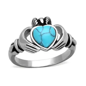 Claddagh แหวนแต่งงานสำหรับผู้ชายผู้หญิง,แหวนพลอยเทอร์ควอยซ์ธรรมชาติทำจากสเตนเลสสตีลสไตล์การสวดมนต์ไอริช