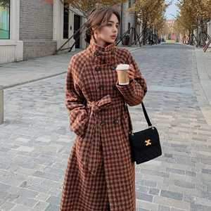 Manteau personnalisé rétro mode nouveau col péniche tourné à carreaux double laçage côtelé grandes poches manteau chaud pour femmes - Product Image 3
