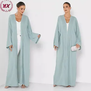 Mint Hijau Terbuka Depan Dihiasi Kancing Mengkilap Desain Lengan Panjang Pakaian Islami Modern Dubai Abaya