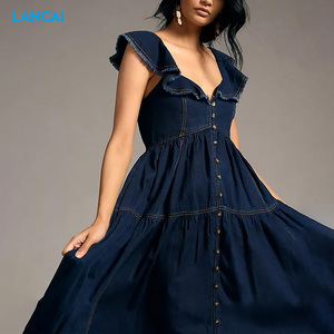 2023 été personnalisé décontracté coton Denim en détresse smocks bouton Maxi lâche femmes robes robe à volants - Product Image 3