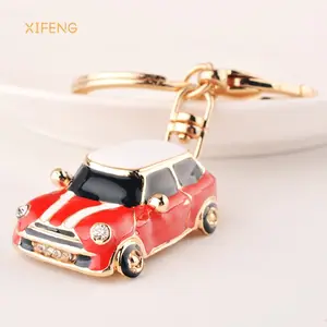 XIFENG Promotion Gift Fashion Metal Mini Cooper Style Rhinestone Car Keychain Keyring for Woman Bag Charm