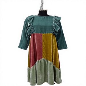 Boho Velvet Maxi <b>Dress</b> O-Neck Ruffle Sleeve Color Blocked <b>Loose</b> Fit Autumn Casual <b>Dress</b> - Product Image 1