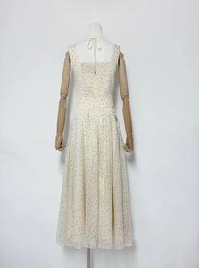 A10861 2025 Retro Vintage Empire Maxi vestido de lunares tirantes fruncido decoración transpirable tejido estambre uno para <span class=keywords><strong>primavera</strong></span> - Product Image 4