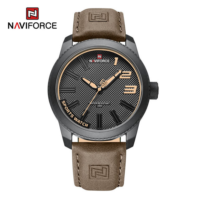 NAVIFORCE 9202L Men's Vintage Watch New Design Sporty Quartz Movement with Waterproof Genuine Leather Strap Brown Color by SEIKO