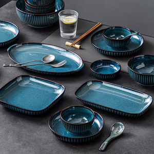 Platos de Cerámica con Esmalte Reactivo y Textura Vertical Acanalada, Vajilla de Cerámica para Uso en el Hogar, Cocina y Restaurante - Product Image 1